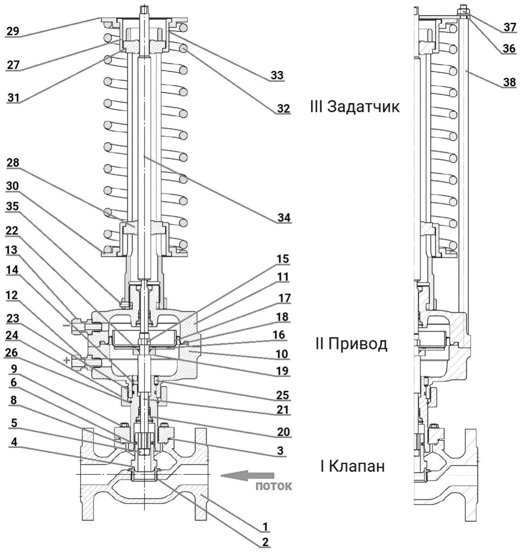 Регулятор давления до себя PRB1030N-F-DA Ду20 Ру16 Kvs6,3 прямого действия, серый чугун СЧ20, фланцевый, Tmax до 150°С, диапазон настройки 4 (6 - 12 кгс/см2)