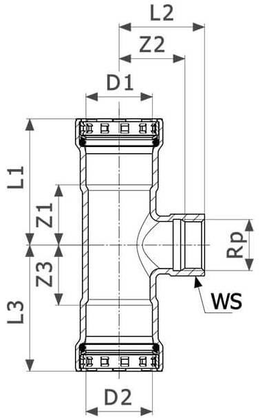 Тройник равнопроходной Viega Megapress с SC-Contur Дн1/2″ Ру16 стальной оцинкованный, присоединение - пресс/внутренняя резьба
