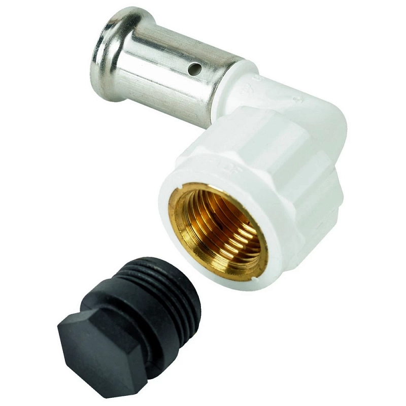 Угольник ПВДФ HENCO 6PKW 90° Дн20x1/2″ Ру16 с черной заглушкой BP04 1/2″, внутренняя резьба/пресс, белый